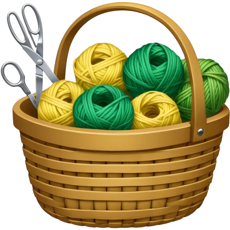 A tidy basket with neatly arranged green and yellow skeins and scissors. emoji