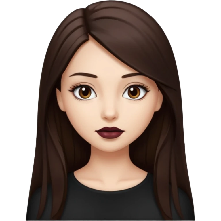 красивая девушка накрашенная с красивыми губами и ресницами брюнетка с длинными прямыми волосами в темно-коричневой кофте со спущенными плечами emoji