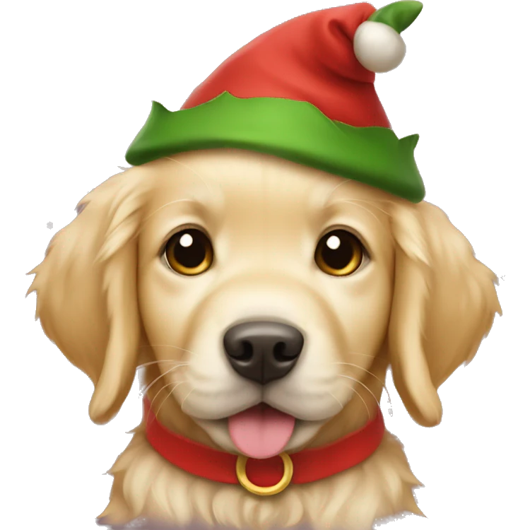 Golden retriever puppy dressed as a Christmas elf emoji