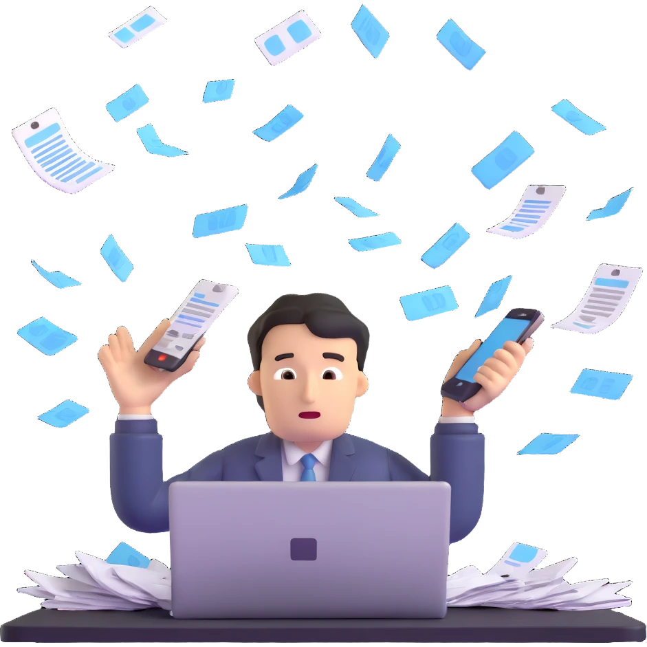 person holding a phone in one hand, laptop open in front, storm of receipts, invoices, and reminders swirling around, multitasking chaos emoji