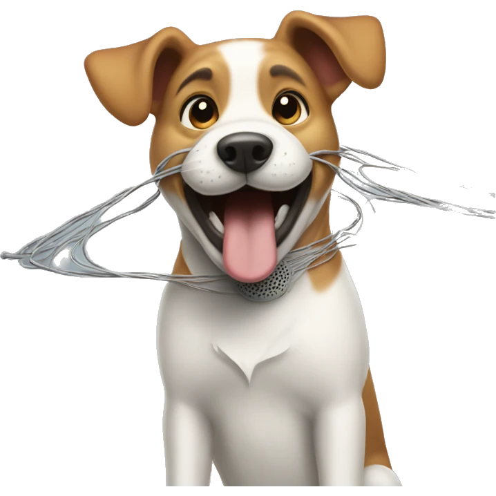 The dog is laughing, accidentally got caught in wires or dropped an instrument. emoji