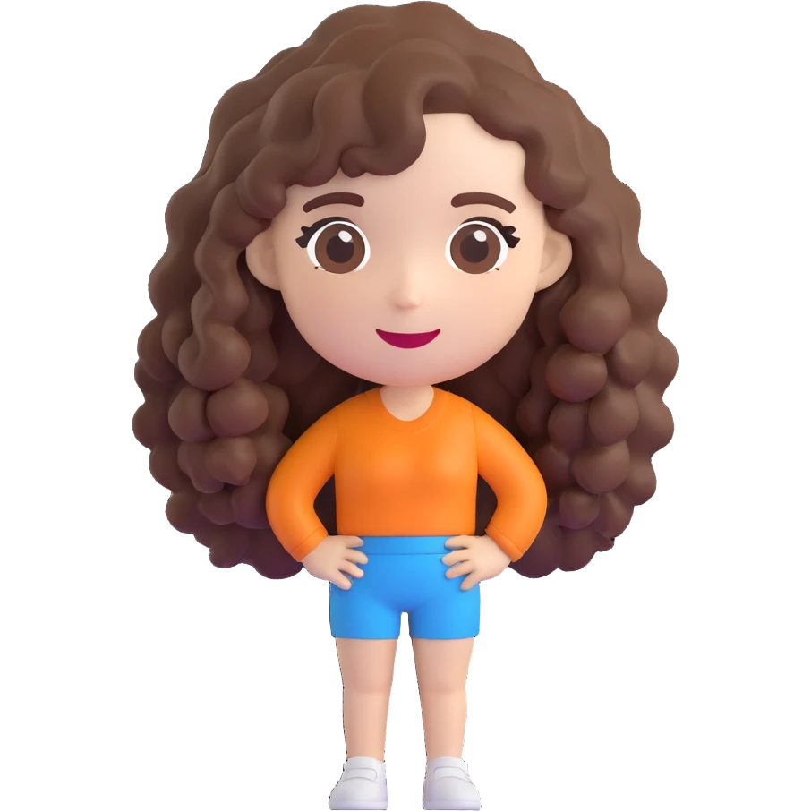 3D cartoon female character with white skin tone, long naturally curly brown hair, playful vibe, Bitmoji-like style, suitable for emoji faces emoji