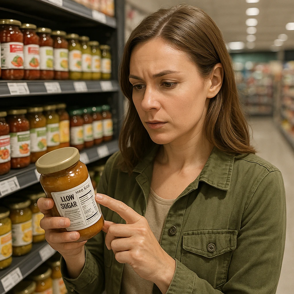 woman checking food labels at supermarket, looking for low sugar products, attentive expression, awareness atmosphere, realistic details, supermarket background emoji