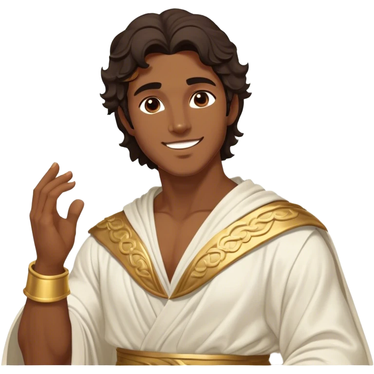 Cinematic Realistic Hercules Portrait, head tilted playfully and inquisitively, capturing the spirit of a timeless Greek hero with a warm, inviting smile. His bronze, marble-like skin and thick, wavy dark hair are rendered with classical precision, while his flowing white robe with delicate golden embellishments accentuates his muscular form. Soft natural light brings out the playful yet powerful essence of this legendary figure. emoji