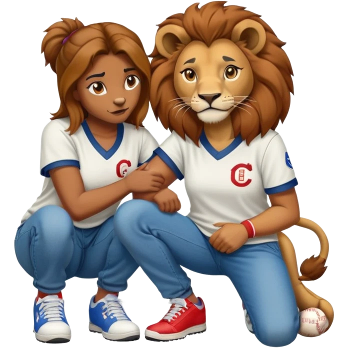 confident anthropomorphised female lion wearing a baseball shirt, jeans, and trainers, crouched on her hunches, comforting another character emoji