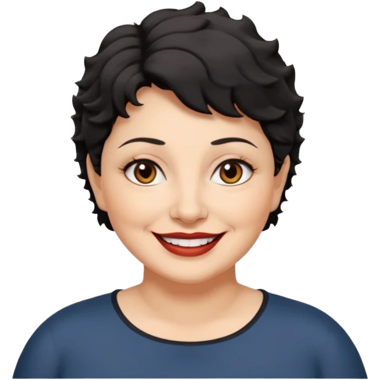 woman 60, brown eyes, very short black wavy wolf cut hair, chubby smile no lipstick emoji