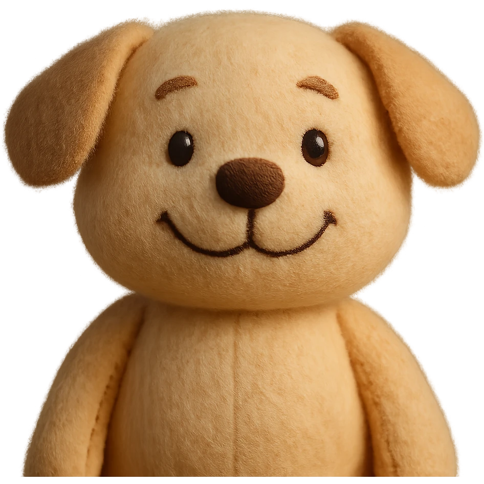 a happy dog plush portrait, round face, button nose, pastel colors, centered, no background emoji