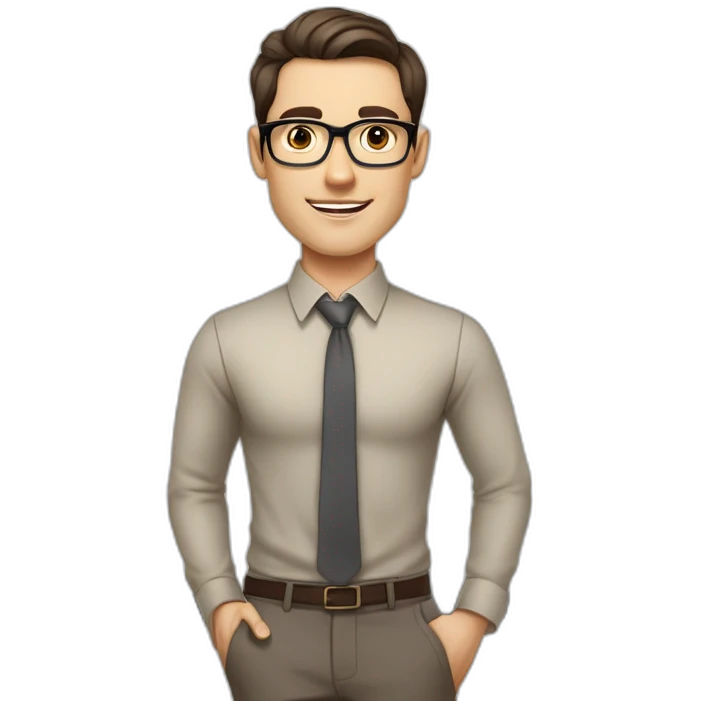 Pale skinned fit man with dark brown hair in gray jacket, beige office shirt, brown tie, brown pants and vintage glasses Writing on the marker board emoji