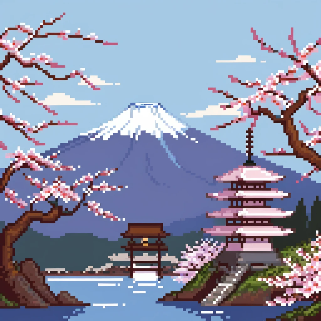 Mount Fuji with snow cap and cherry blossoms around the base emoji