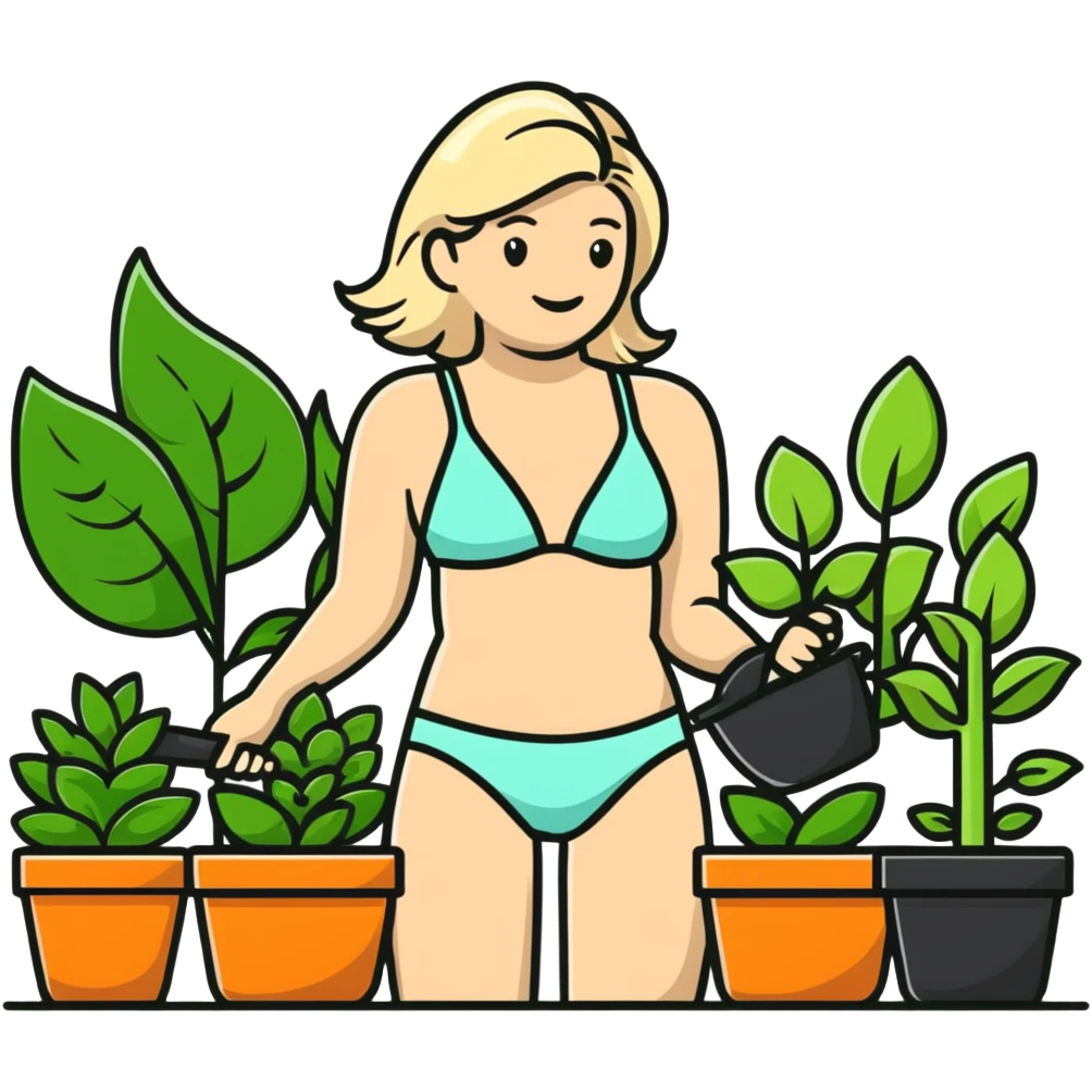 Martha Stewart in bikini gardening with plants emoji