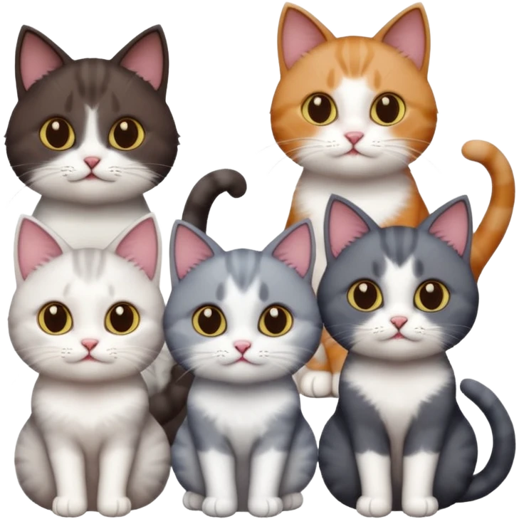 4 different coloured short haired cats including; a dark brown and white cat, and a dark grey and white  emoji