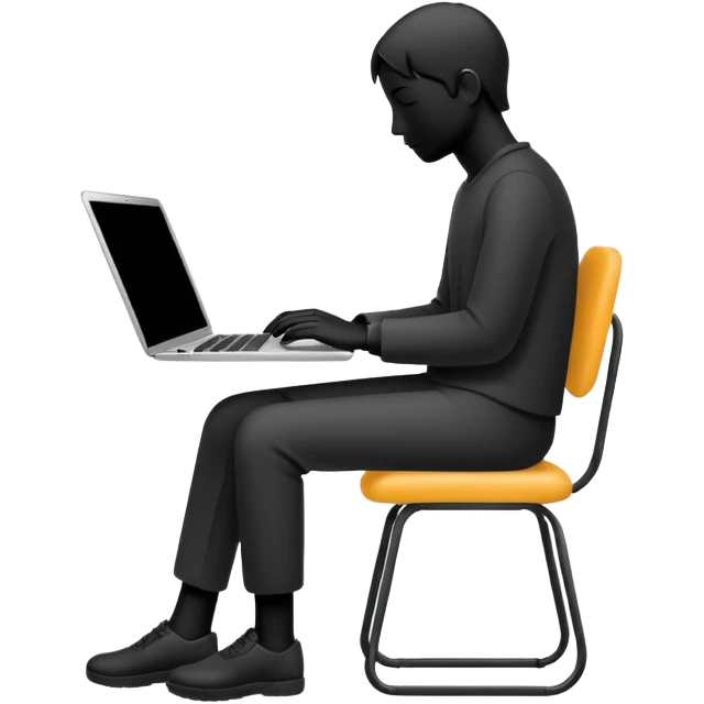 Minimalistic flat vector icon, iOS style, thin black contour on white background. Person silhouette sitting with a laptop, code brackets <> on the screen. Clean, no te emoji