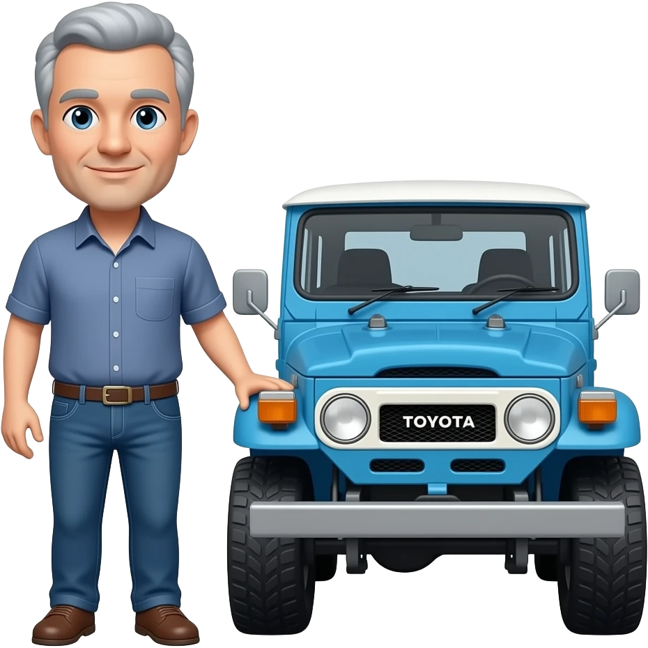 Toyota fj40 Land Cruiser emoji style with balding grey hair man with clean shaven face wearing jeans and short sleeve shirt standing next to blue fj40 emoji