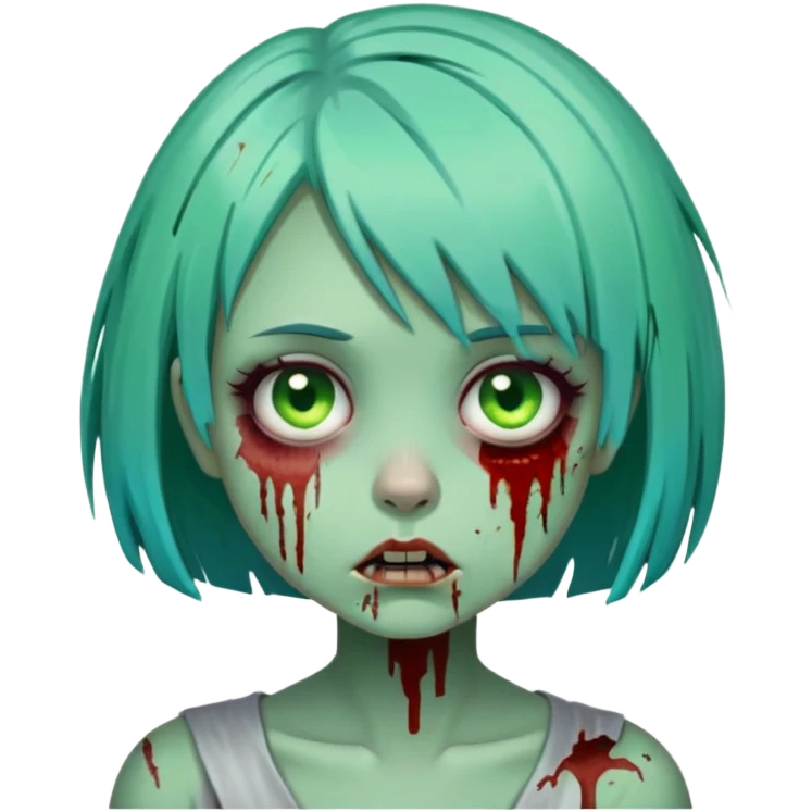 cartoon zombie girl with short turquoise hair bob cut, green decaying skin, bloody scars emoji
