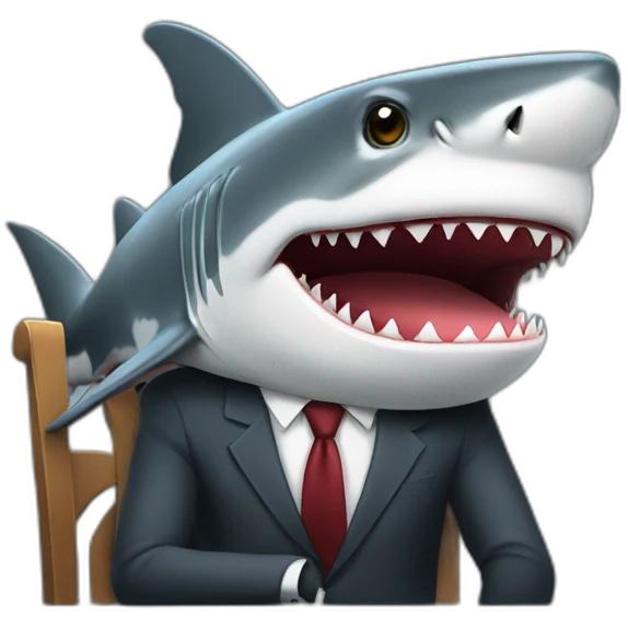 A shark sitting at a table wearing a suit looking straight ahead emoji