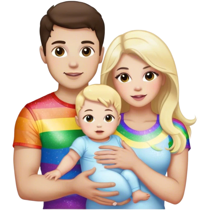 Brunette man and brunette woman with blonde baby gay rainbow glitter pride emoji