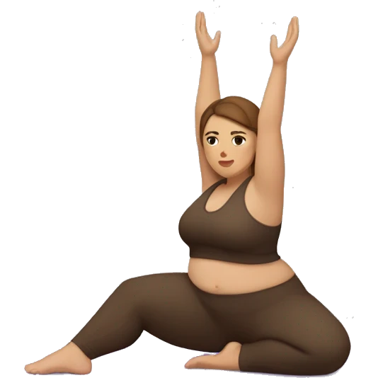 A plus size woman in a full body yoga pose. She has light skin, brown straight hair, and brown eyes.  emoji