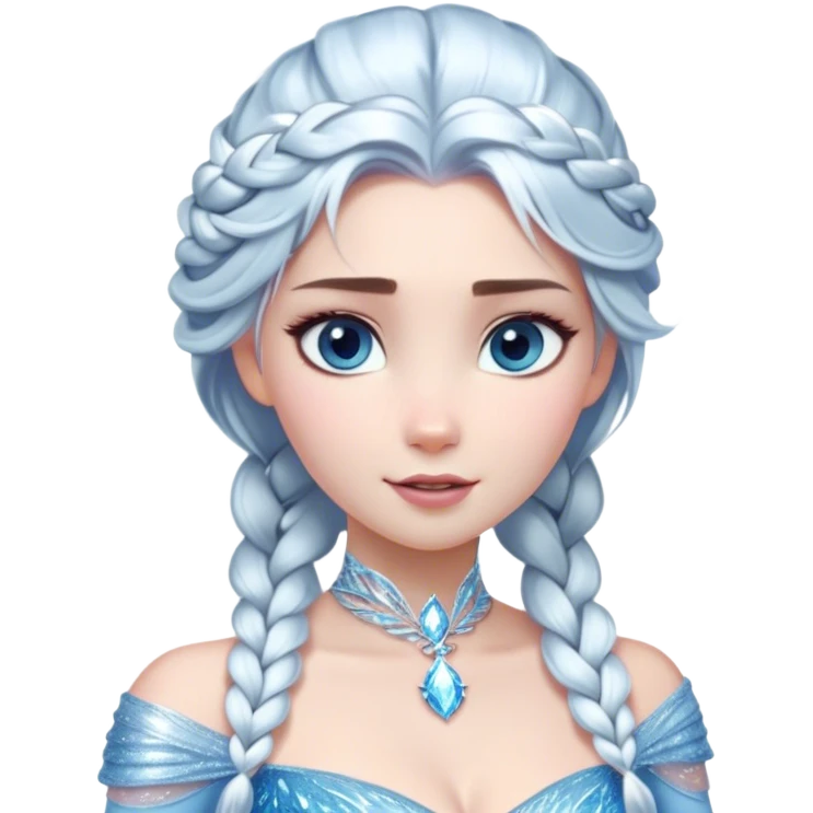 Cinematic Stunning Elsa Portrait Emoji, Ice-blue gown shimmering, platinum hair flowing in a graceful braid, piercing blue eyes glowing with icy magic, an aura of regal power and breathtaking beauty, frozen elegance at its finest! emoji