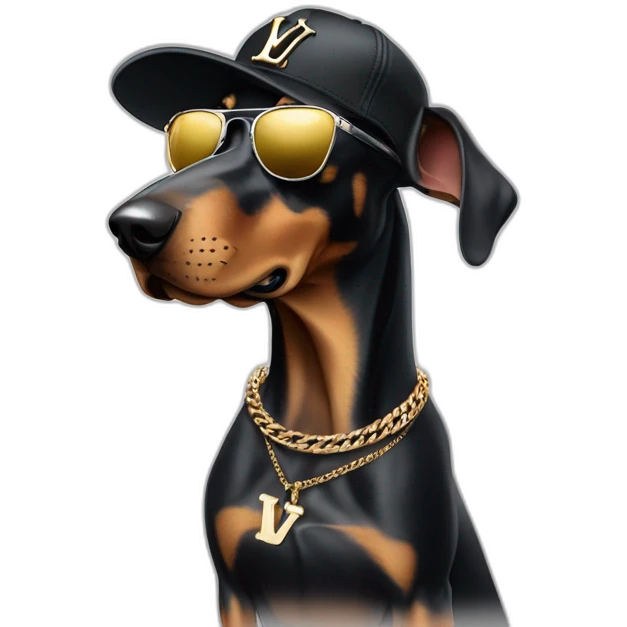 Dobermann dog wearing black Lois Vuitton sun glasses and a cap and a silver Cuban chain emoji