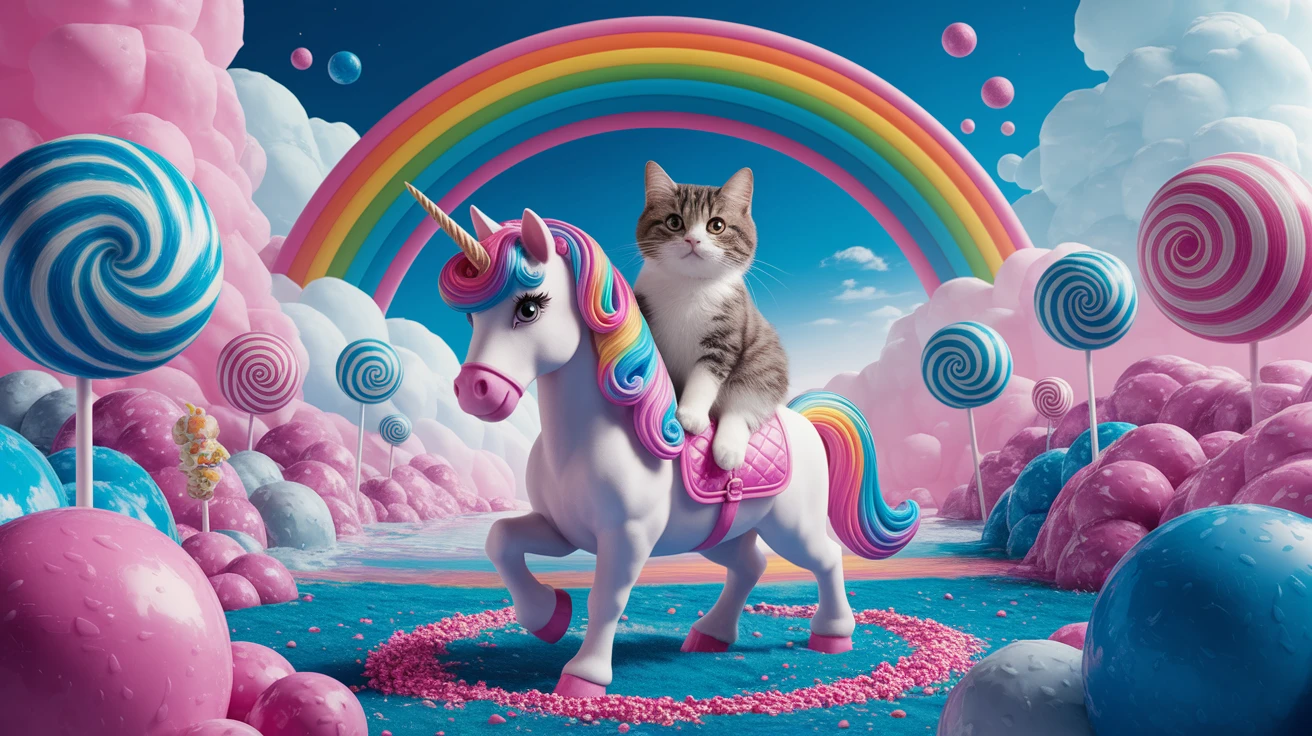 Cinematic still of a cat riding on unicorn around magic pink, and blue candy world, rainbow, dynamic shot emoji