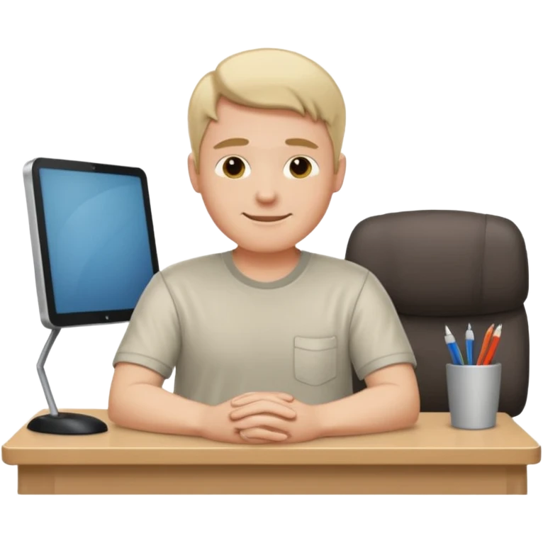 A man wearing a shirt with slumped posture, sitting at a desk, iOS emoji style emoji