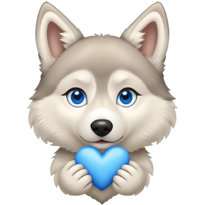 Beige husky with blue eyes holding a blue heart emoji