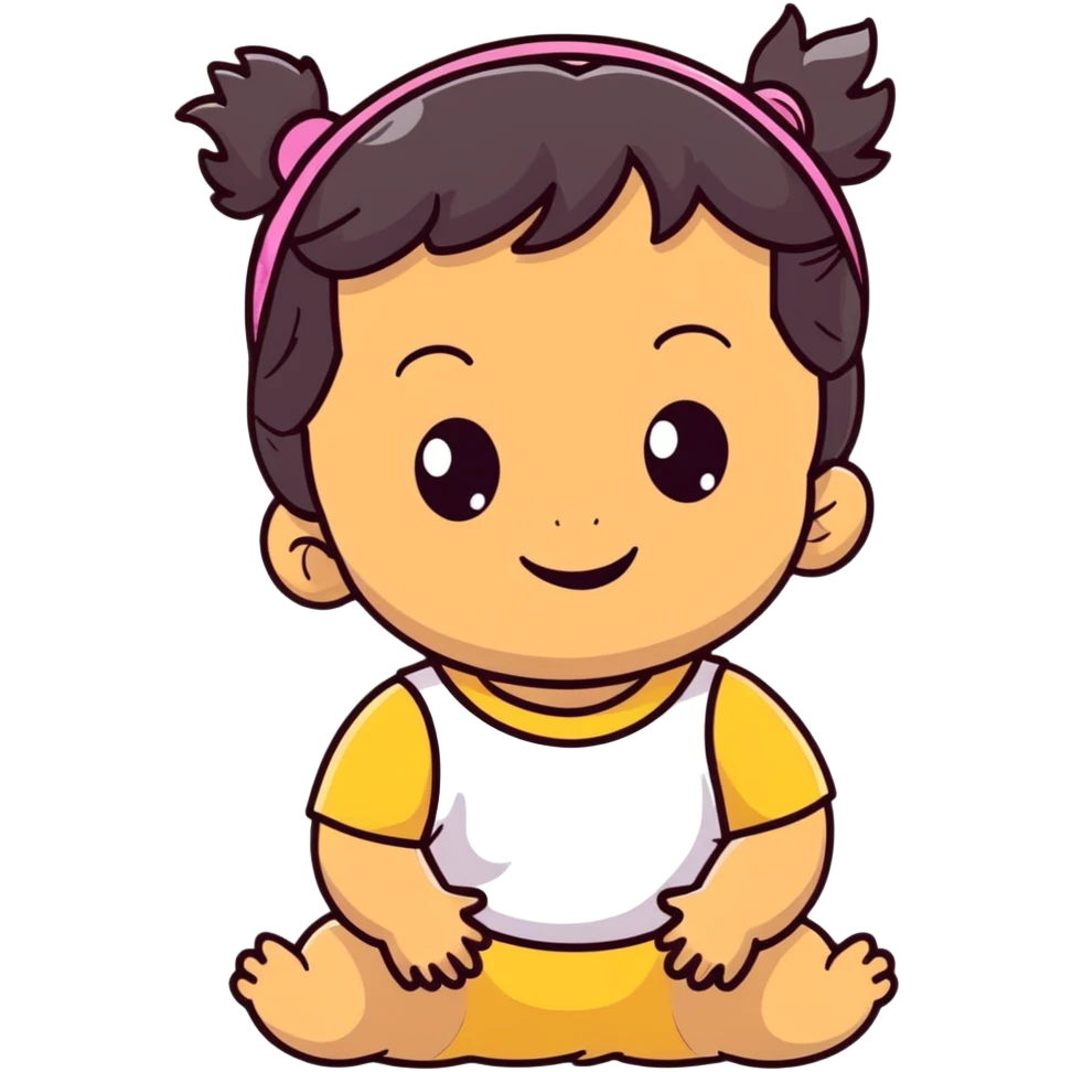 smiling toddler face with big eyes, medium skin tone, dark wavy hair, and a hair band emoji