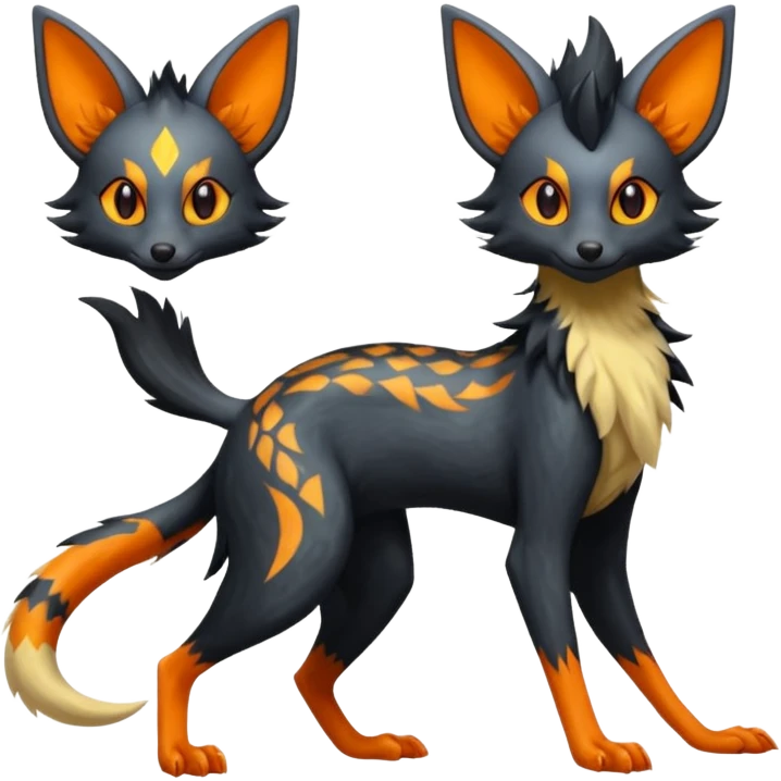 Lykoi-Fennekin-Electrike-Luxray-fusion-hybrid-animal-Fakémon-creature, full body, thin long sleek scaly tail, intricate markings emoji