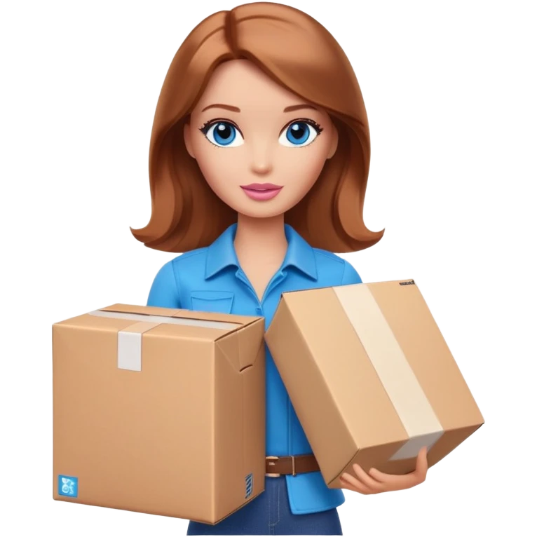 Barbie with shoulder-length reddish-brown hair, blue eyes with makeup, wearing brown clothes , stands with a parcel box emoji