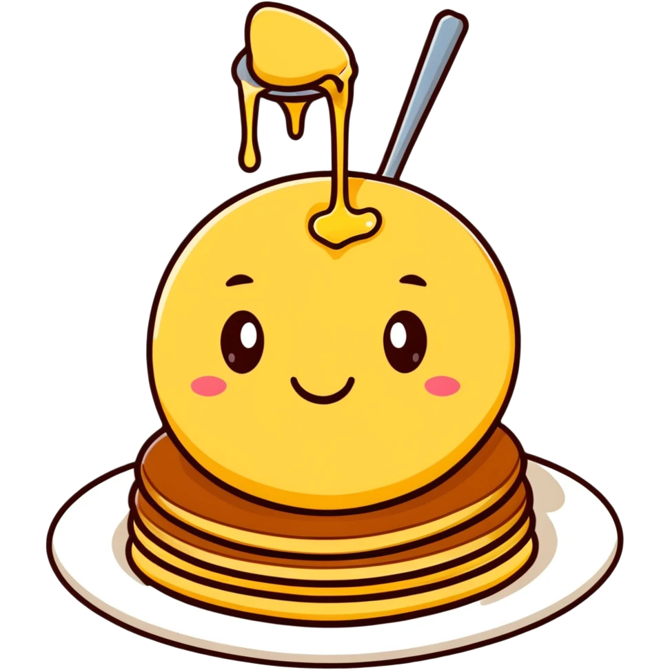 adorable pancakes with butter on top and maple syrup dripping down, smiling face emoji