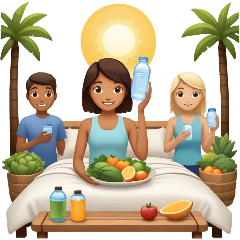 A person in the sun, with a plate of whole foods, water bottle, and glowing bed behind them. Nearby, smiling friends gather—symbolizing balance, healing, and connection through simple daily rituals. emoji