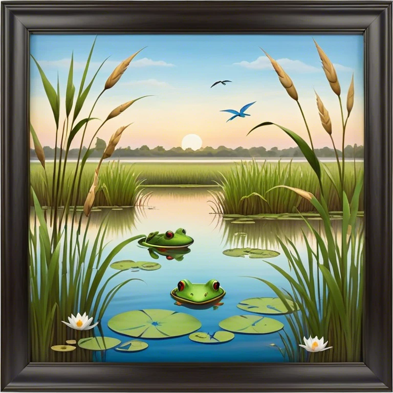 Cinematic Realistic Wetlands Emoji in a wooden frame, Peaceful and serene, with tall grasses swaying in the breeze and soft, muddy waters reflecting the sky above. Small birds and insects flit among the reeds while lily pads float lazily across the surface, punctuated by the occasional croak of a frog or splash of a fish. Soft glowing outline, capturing the essence of a calm, tranquil wetland brimming with life and natural beauty. emoji