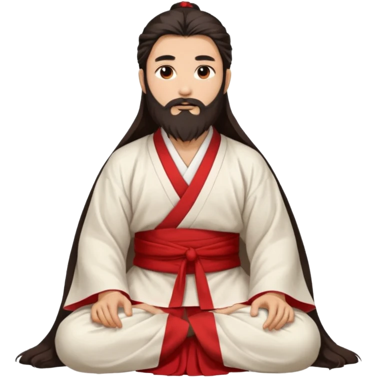 Beautiful man with lightly tan skin and dark long beard, long hair, in white and red Hanfu sitting on the ground emoji