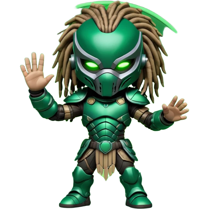 Cute chibi-style Predator character sitting down, wearing full armor with mask and dreadlocks, waving with one hand, dark sci-fi background, glowing neon circle behind, 3D toy style, soft lighting, detailed textures, cartoonish but intimidating look, high-resolution sticker format emoji