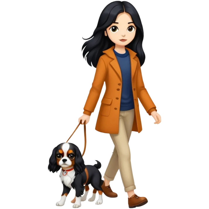 A girl with long black hair walking a Cavalier King Charles Spaniel emoji