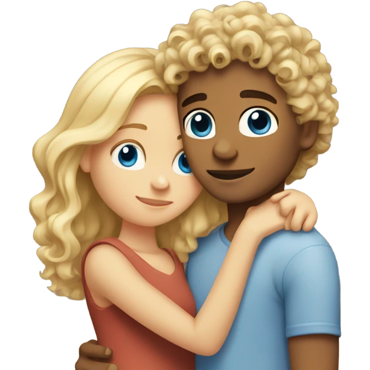 blonde blue eyed girl hugging mixed boy with curly brown hair emoji