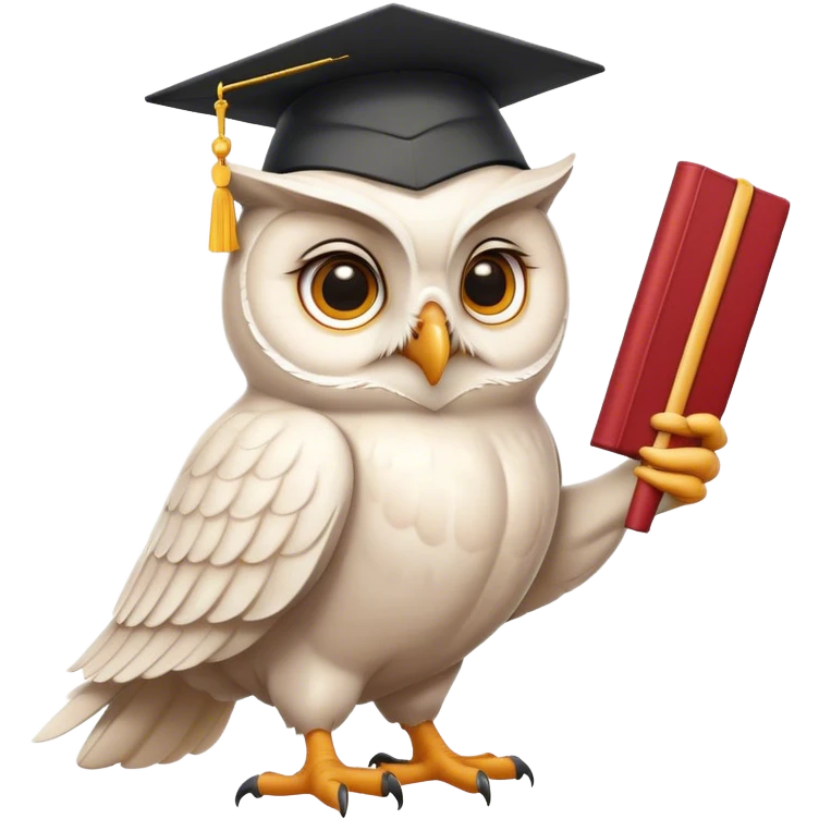 happy white Owl with graduation hat and diploma in claws emoji