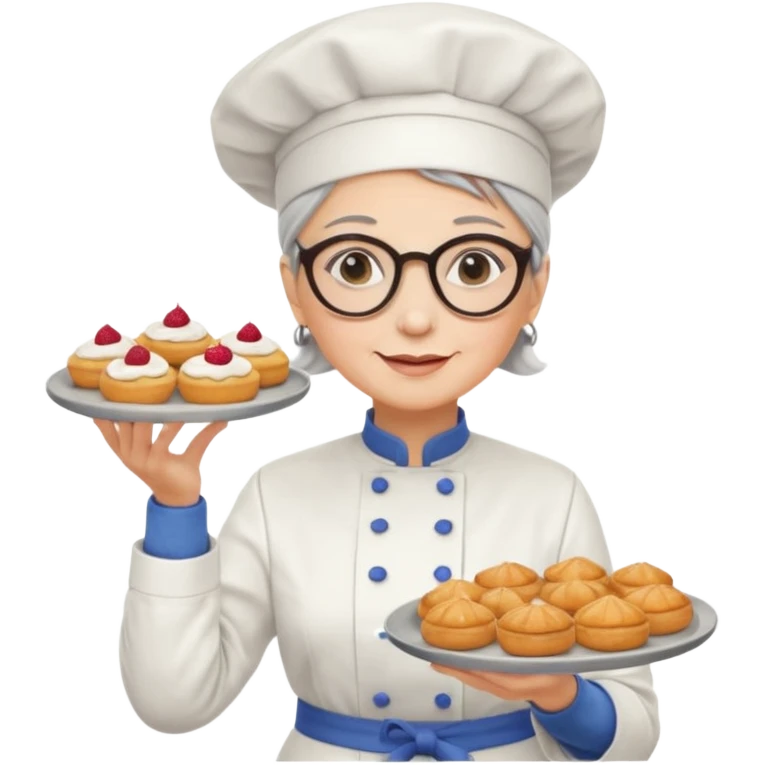 Older female pastry chef – round glasses, oven mitts on, holding a tray of pastries.

 emoji