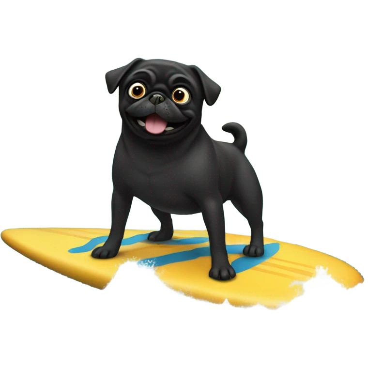 Black pug surfing in the ocean emoji