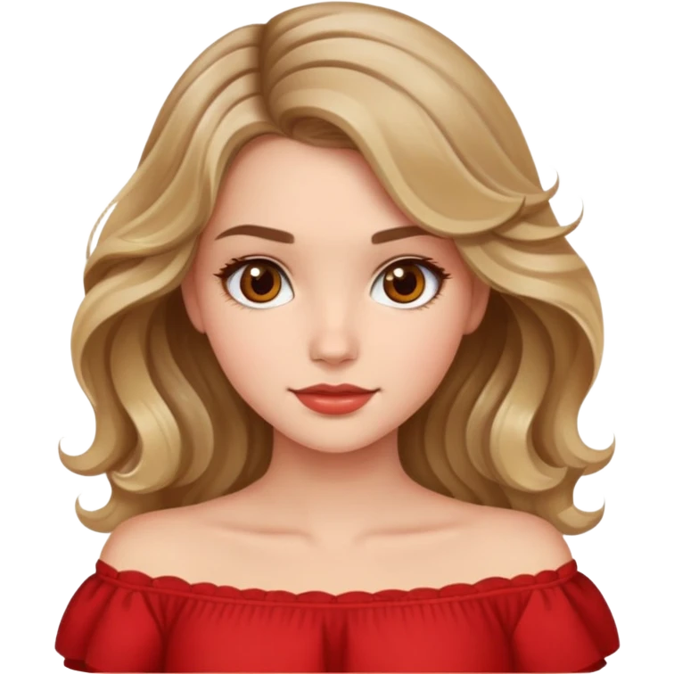 a beautiful girl with wavy and dark blond hair and her eyes are brown. The girl from once has a beautiful red blouse in which from the shoulders starts  emoji