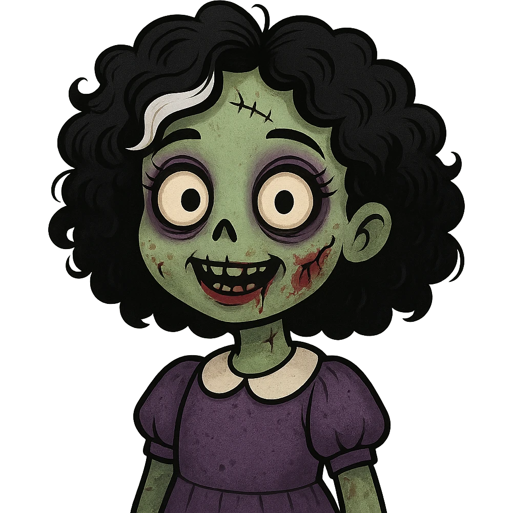 cute zombie girl with black curly hair and a white streak, creepy face, makeup on emoji