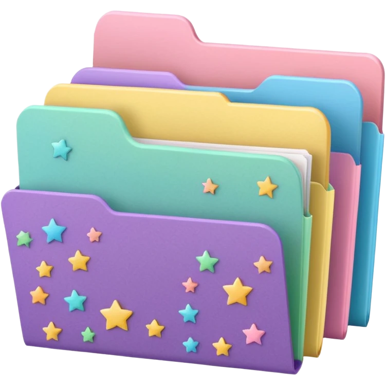 small cute folder icon in soft pastel colors light yellow or peach, slightly open at the top, colorful divider tabs inside peeking out blue green pink purple, white label area on front with word Covers in playful handwriting, small sparkles or stars around folder, emoji style, folder is more squared emoji