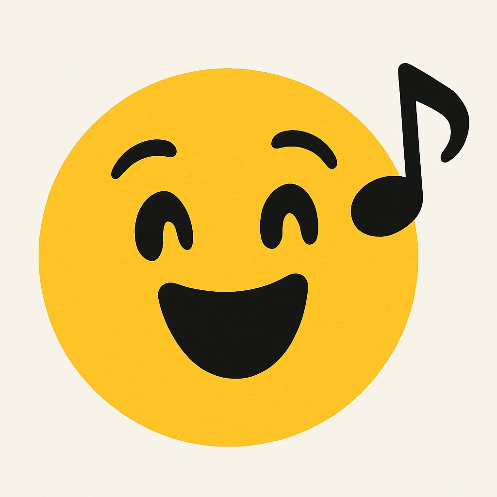 Adjust the emoji style to match the Rednote app emoji style exactly: flat, soft, rounded face, bold expressive eyes, vibrant yellow and black colors, playful and cheerful, with a musical note accent, no 3D or shading. emoji