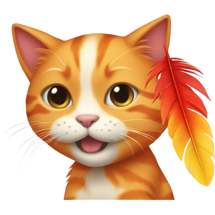 Orange Cat playing with a red and yellow feather  emoji
