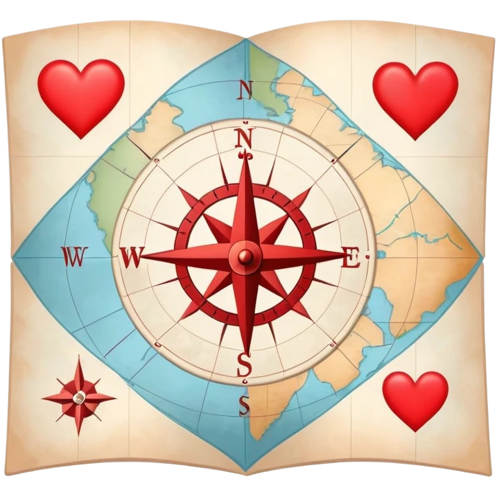 Folded cartography map with compass rose and scale, featuring red hearts as relationship markers and different symbols representing other meaningful life experiences, soft ethereal coloring emoji