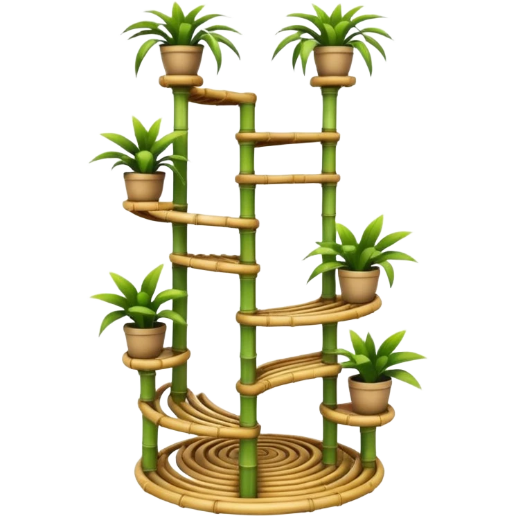 Large futuristic multi-tier multi-level curved spiral step plant rack constructed from thin bamboo poles  emoji