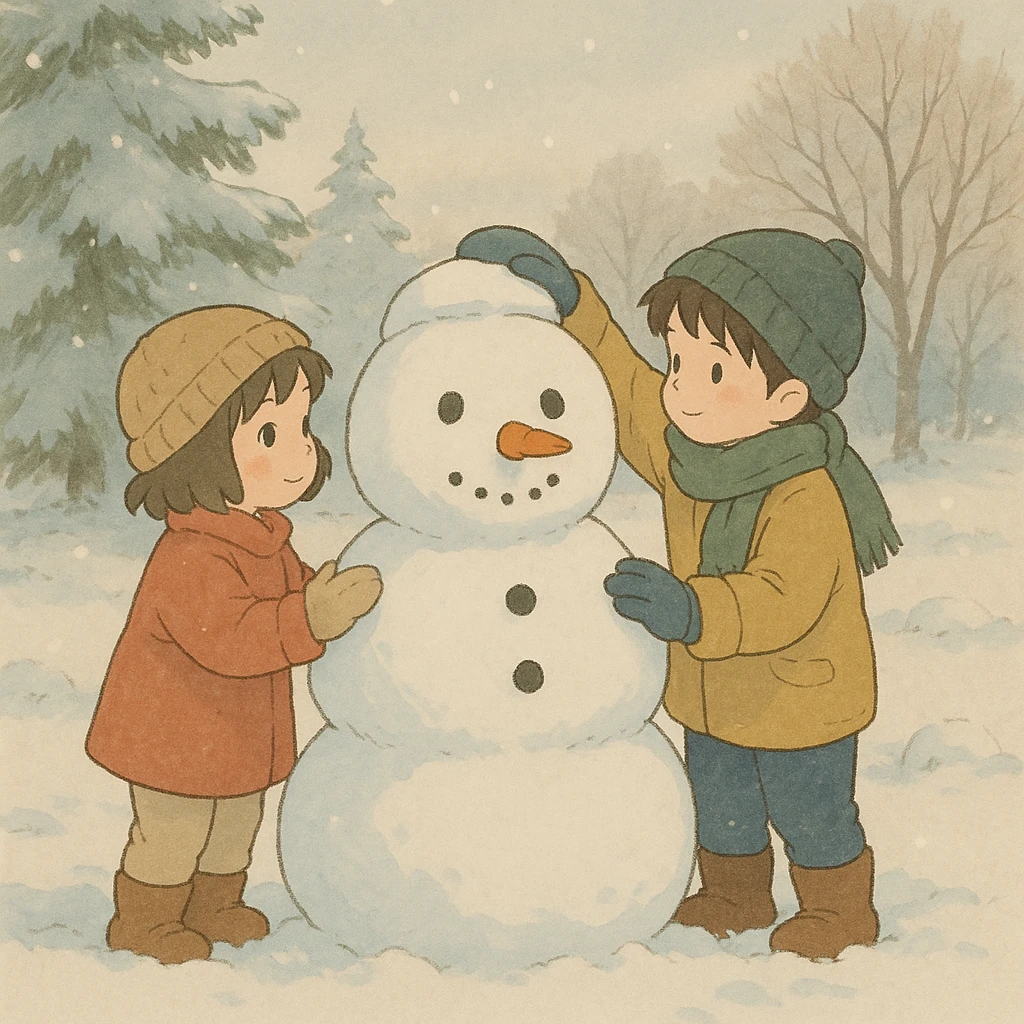 ghibli style kids building a snowman, soft colors, gentle winter scene emoji