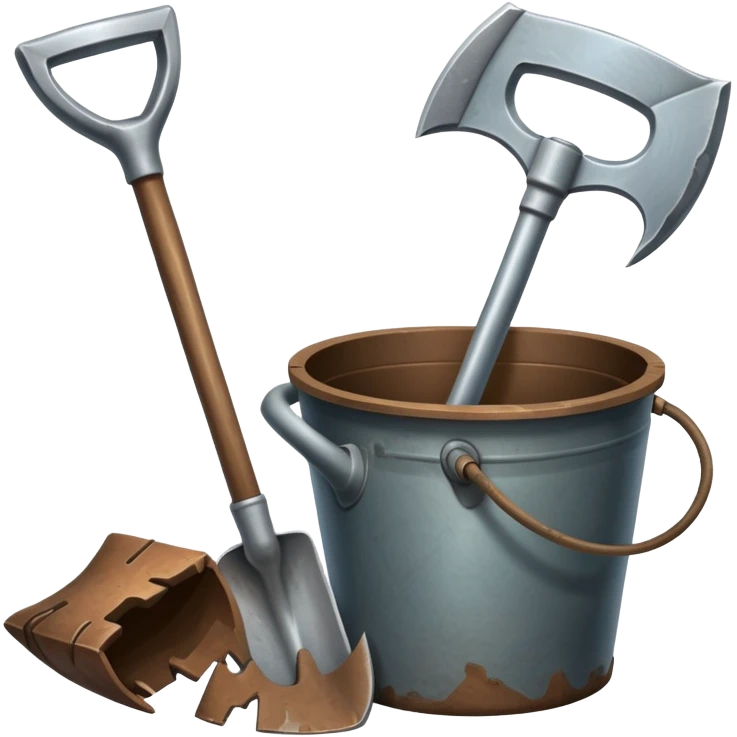 An icon featuring a shovel, pickaxe, and an ancient artifact like a broken pot, symbolizing the essentials of archaeology. The design focuses on the tools of excavation and discovery, recognizable look. Transparent background. emoji