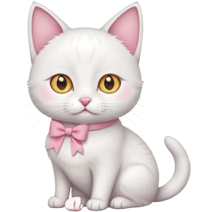 white cat sitting and she has a pink small bow on her right ear,she has golden eyes,she's fully white,even her ears,the only color is the pink small bow on her right ear,the cat is small emoji