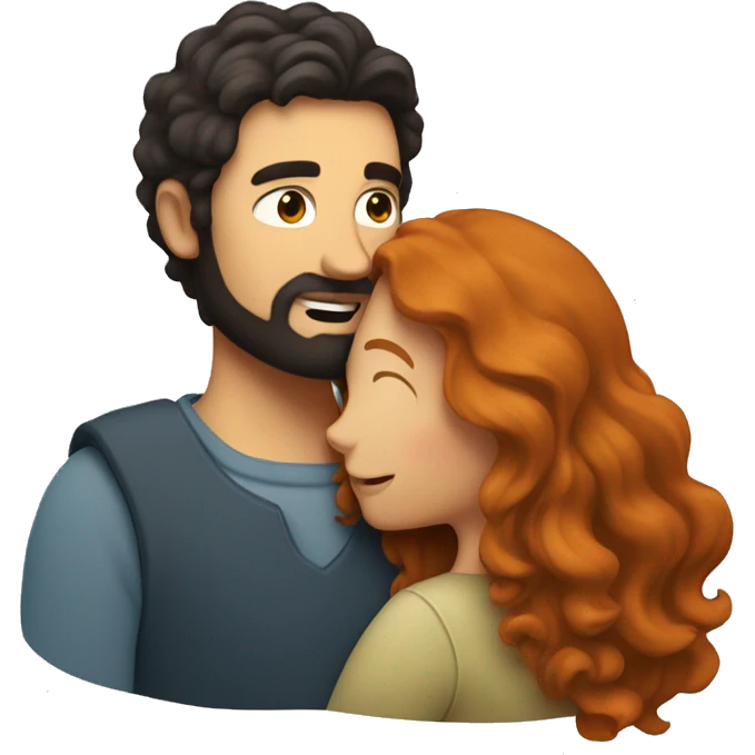 Man with dark hair and beard hugging a woman with long ginger wavy hair emoji